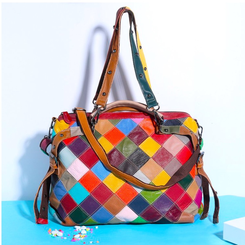 Vintage Style Leather Colorful Patchwork Large Handbag Bag Purse For Women